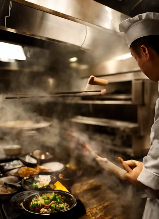 Prompt: a 2 8 mm macro photo from the back of a yakitori chef cooking in a commercial kitchen, splash art, movie still, bokeh, canon 5 0 mm, cinematic lighting, dramatic, film, photography, golden hour, depth of field, award - winning, anamorphic lens flare, 8 k, hyper detailed, 3 5 mm film grain