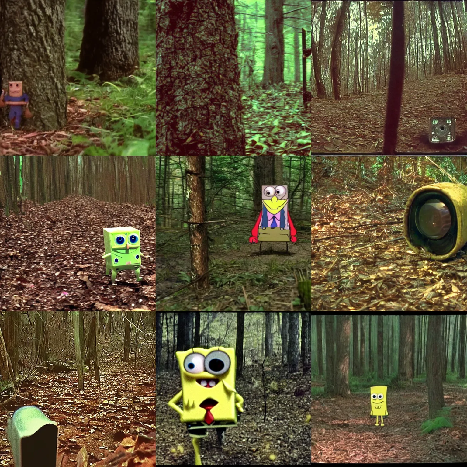 Prompt: film still blair witch project trail cam footage photo of spongebob squarepants