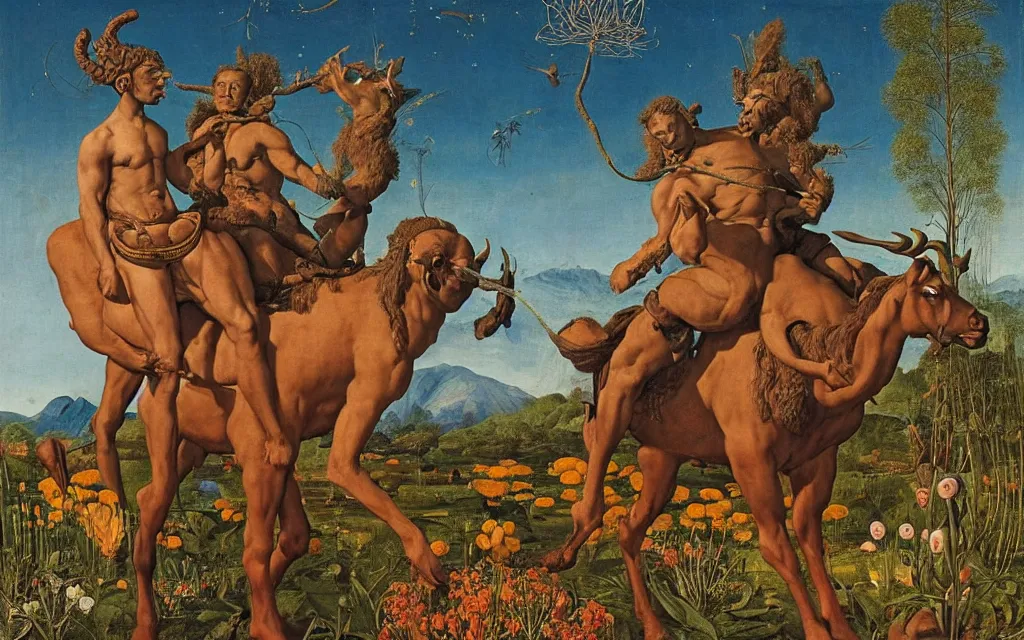 Image similar to a portrait photograph of a meditating satyr and a centaur monk riding a rocket machine and hunting at a river delta. surrounded by bulbous flowers and trees. mountain range under a blue sky of fiery stars. by jan van eyck, max ernst, ernst haeckel, ernst fuchs and artgerm, cgsociety, fashion editorial, 8 k