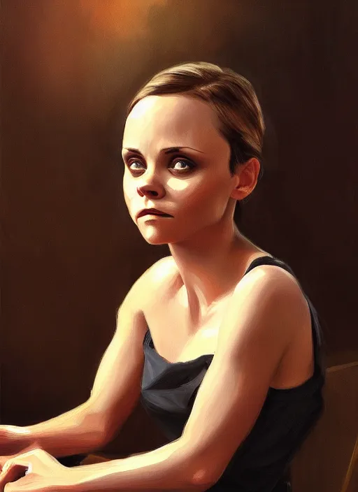 Image similar to christina ricci sitting in the cafeteria, backround dark, highly detailed, digital illustration, trending in artstation, modern painting, smooth, sharp focus, intricate, einar jonsson, ilya repin