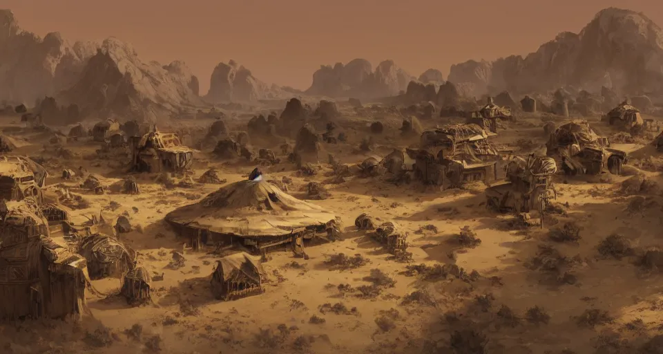 Image similar to a distant desert village, artstation, cgsociety