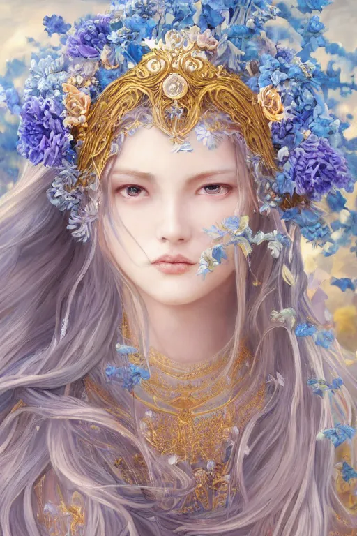 Prompt: breathtaking detailed soft painting of a full shot knight queen with long flowing blue hair, pastel flowers petals and golden ribbons flying, art by pilyeon and yuumei art, symmetrical facial features, at dawn in front of a pristine golden art nouveau cathedral, elegant, volumetric lighting, highly detailed, artstation, concept art, matte, sharp focus,