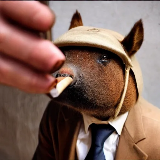 Image similar to smoking cigar, a man wearing a suit capybara head (smoking cigar)