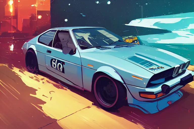 Image similar to digital illustration of bmw m 1 by makoto shinkai, ilya kuvshinov, lois van baarle, rossdraws, basquiat | afrofuturism, in the style of hearthstone