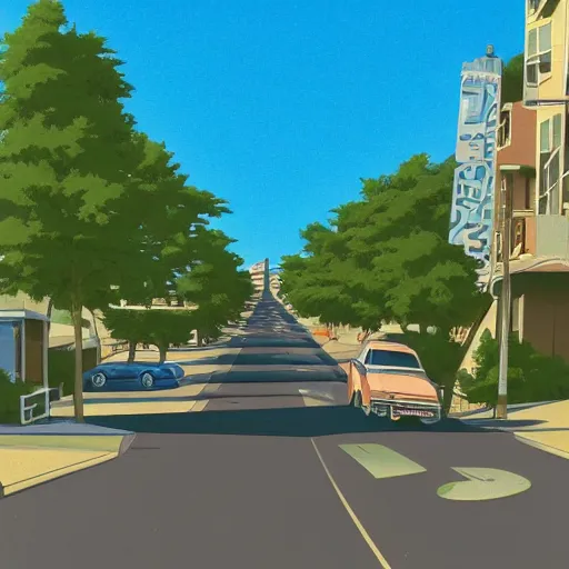 Image similar to neighborhood street, uptown street, golden hour, golden sunshine, trees over road, shining sun in distance, trees, juniper trees, oak trees, cars parked in street, long street, distance, cel - shaded, raytracing, cel - shading, toon - shading, 2 0 0 1 anime, flcl, jet set radio future, drawn by artgerm