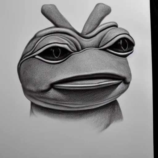 Prompt: hyperealistic graphite drawing of Pepe the frog