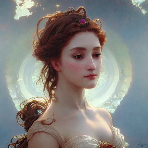 Image similar to portrait of mermaid goddess, intricate, elegant, highly detailed, digital painting, artstation, concept art, smooth, sharp focus, illustration, art by artgerm and greg rutkowski and alphonse mucha and william - adolphe bouguereau