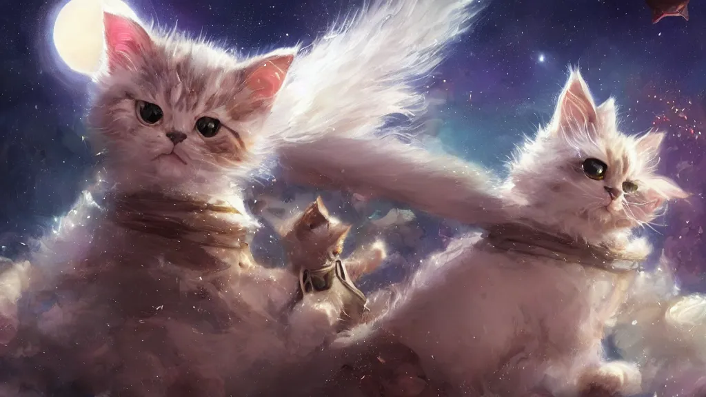 Image similar to cartoonish kitten wearing a wizard cat and a fake beard floating in space, bright stars, anime, a fantasy digital painting by Greg Rutkowski and James Gurney, trending on Artstation, highly detailed