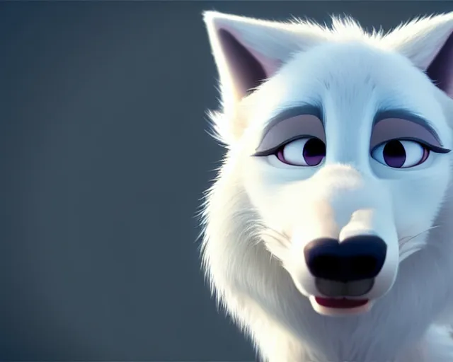 Prompt: portrait of cute white wolf in the style of zootopia, volumetric light, artstation, concept art, 8 k, high detail, perfect