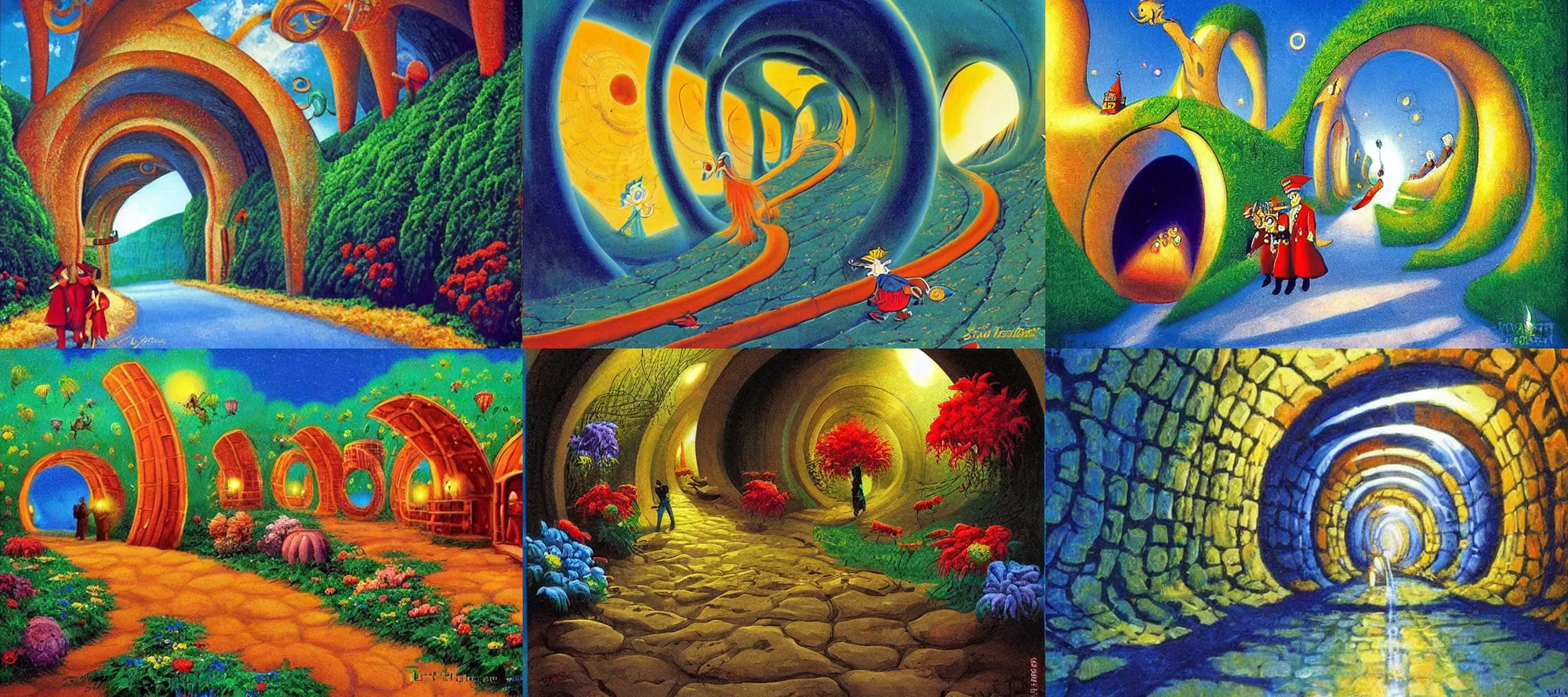 Prompt: tunnel of love ukraine in the style of dr. seuss, starships, painting by brothers hildebrandt