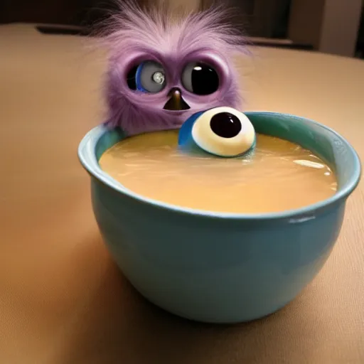 Prompt: Furby submerged in a bowl of alphabet soup