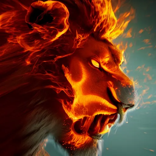 Image similar to fire lion, flaming, detail, unreal engine, cinematic