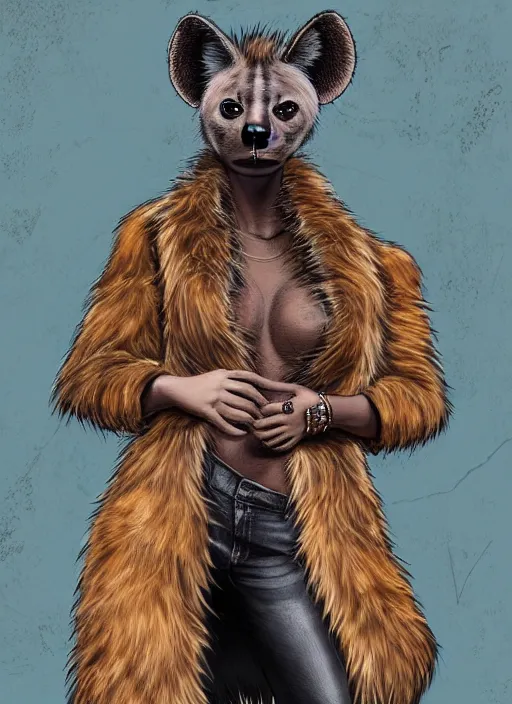 Image similar to award winning beautiful portrait commission of a female furry anthro hyena fursona with a bushy tail and a leather jacket, in a rock bar, cute, beautiful, attractive, detailed,