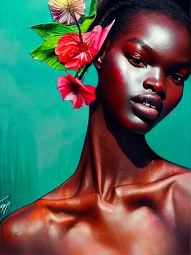 Image similar to portrait of duckie thot with a floral background : : painted by artgerm, karol bak, artur bordalo, sandra chevrier : : portrait, character, illustration, hyperrealism, photorealism,