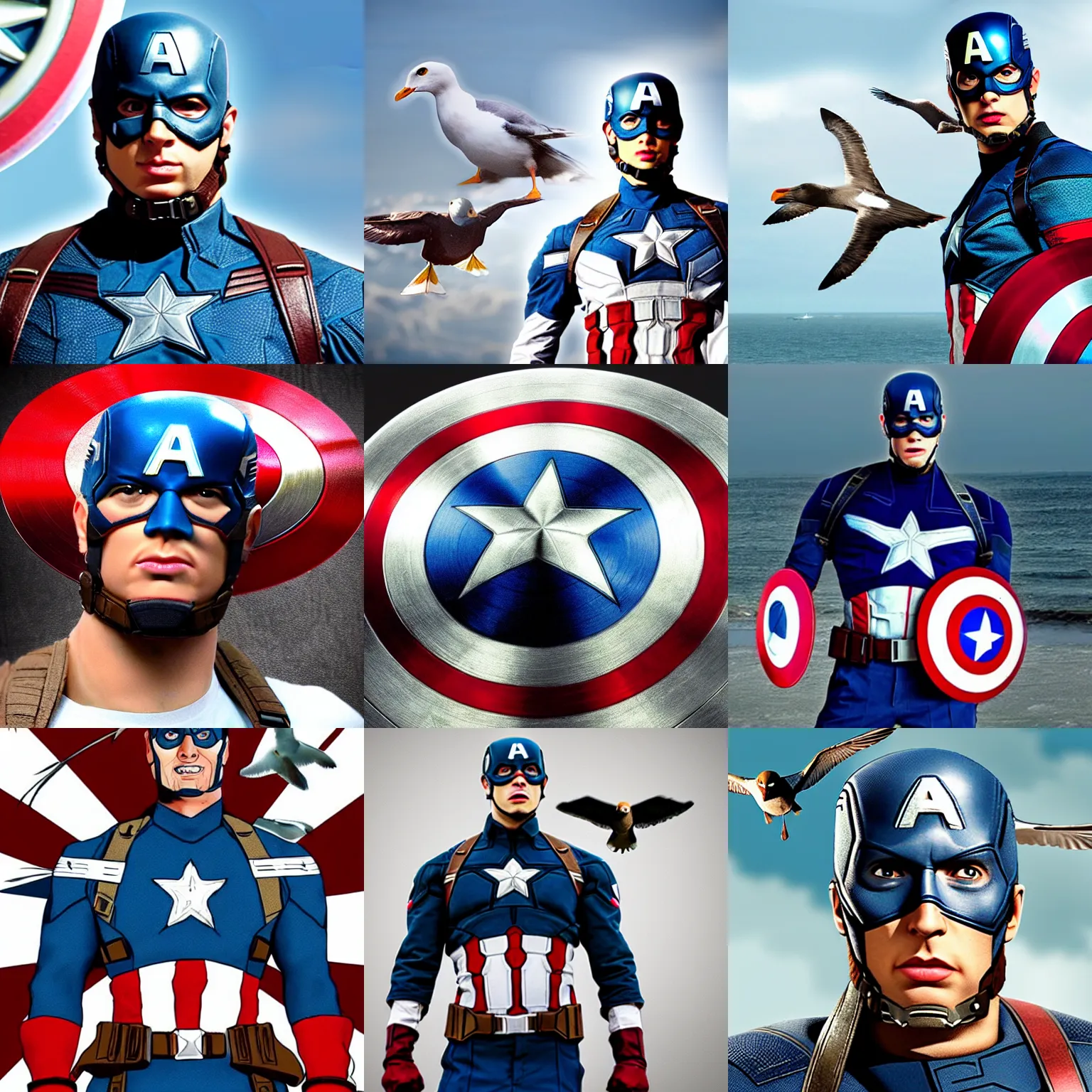 Prompt: captain America with a seagulls head, captain seagull America, realistic, photo real