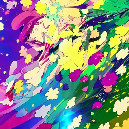 Image similar to background art of spaciously scattered multi colored flower petals flowing through the air from left to right on a clean background, anime, artgerm, manga, trending on artstation, yoji shinkawa, art nouveau