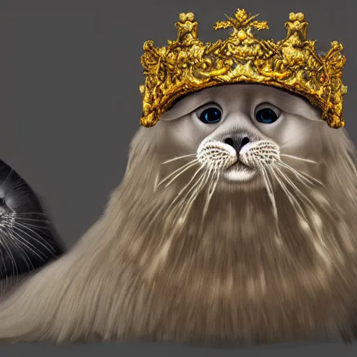 Prompt: an oil painting portrait of a long haired fluffy seal bicolor ragdoll cat wearing medieval royal robe and an ornate crown on a dark space background digital Art, concept Art, highly detailed, 3-D 4K, trending on art station, Mark Brooks,