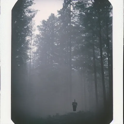 Prompt: a towering statue in a forest clearing reaching into the fog, night, old polaroid, expired film, megalophobia,