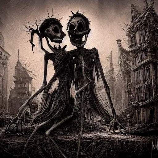 Image similar to grunge cartoon drawing of the end of the world by - michael karcz , in the style of corpse bride, horror themed, detailed, elegant, intricate
