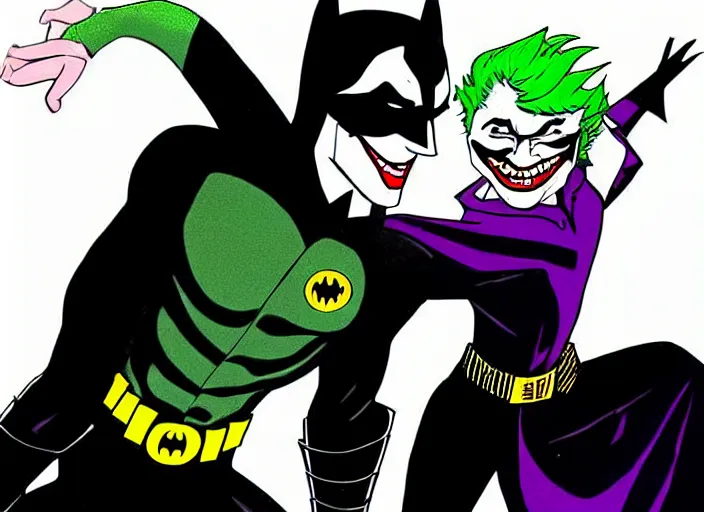 Image similar to Batman and Joker dance together