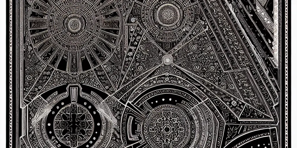 Image similar to ancient ornate carpet, high details, bold line art, by vincent di fate and joe fenton, inking, etching, screen print, masterpiece, trending on artstation, sharp, high contrast, hyper - detailed,, hd, 4 k, 8 k