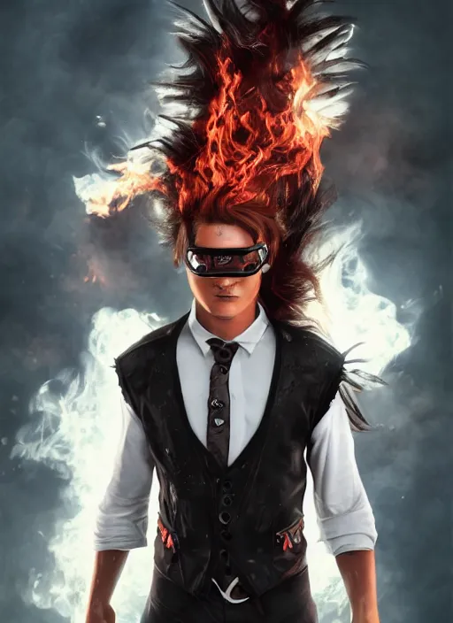 Image similar to An epic fantasy comic book style portrait painting of young man with red spiked long hair, using googles. Wearing a black waistcoat, white shirt. Fire on his hands. Unreal 5, DAZ, hyperrealistic, octane render, cosplay, RPG portrait, dynamic lighting