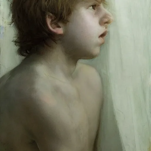 Image similar to a ghost boy with white!!!!!! hair quietly watching the living continue their lives. waterhouse. geoffroy thoorens.