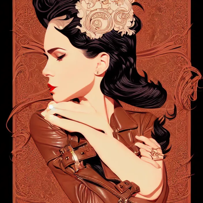 Image similar to woman in leather illustration, vector art style, medium shot, intricate, elegant, highly detailed, digital art, ffffound, art by jc leyendecker and sachin teng