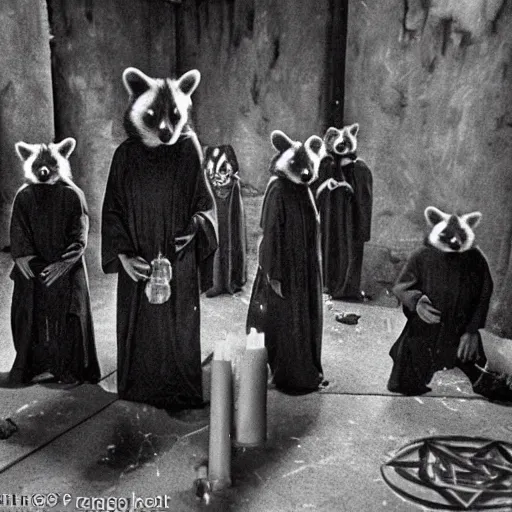 Prompt: 1 9 8 0's award winning sci - fi movie still, a group of raccoons wearing dark cult robes look towards the camera in surprise and anger as they perform a dark occult evil ceremony inside the secret lair of an underground mystery cult, dramatic candlelight, pentagrams, ultra - detailed, photorealistic, 4 k