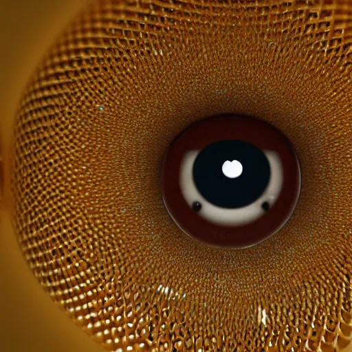 Image similar to closeup of a human eye made but the pupil is a little honeycomb of bubblewrap plastic, hyper detailed 3d render