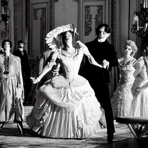 Image similar to ballroom scene from the leopard by luchino visconti with alain delon and claudia cardinale set in the 1 9 th century in an italian villa. technicolor, highly intricate, 5 0 mm