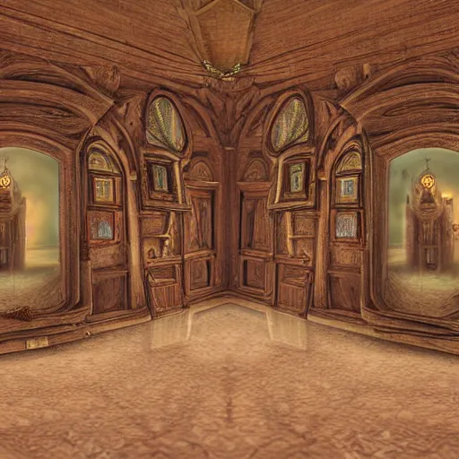 Image similar to castle interior with a magical mirror floating around, digital art