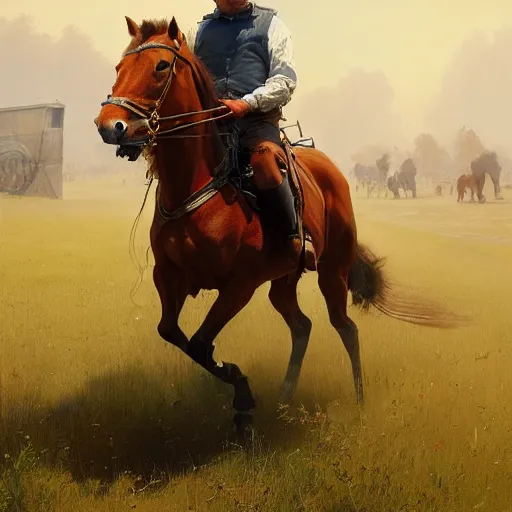 Image similar to the man is carried by the horse, hyperrealism, no blur, 4 k resolution, ultra detailed, style of ron cobb, adolf hiremy - hirschl, syd mead, ismail inceoglu, rene margitte