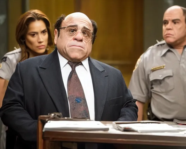 Prompt: a still from an episode of law and order svu starring danny devito, 4 k