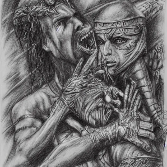 Prompt: The mummy touches the warrior's head , in jungle, pencil drawing