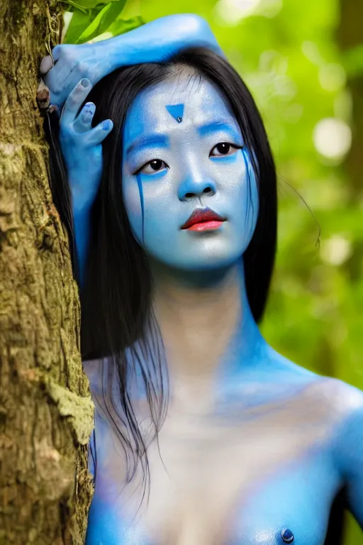Prompt: a korean woman dressed as a blue-skinned female navi from avatar standing in a forest, blue body paint, high resolution film still, 8k, HDR colors, cosplay, outdoor lighting, high resolution photograph, photo by bruce weber, beautiful symmetric face, beautiful gazing eyes