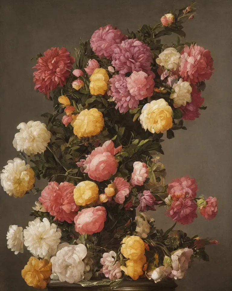 Image similar to still life of beautiful flowers in an intricate vase on a marble pedestal, trending on art station, by Raphael, Georgia O'Keefe, and Bernini.