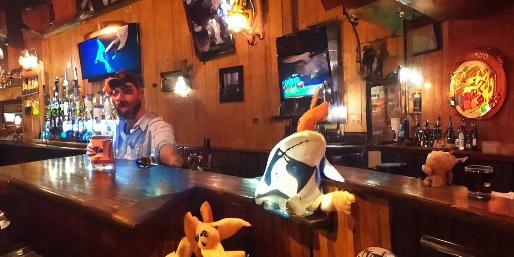 Image similar to Blahaj sitting in a bar ordering a beer, shark, stuffed toy, photo, dim lighting, cute