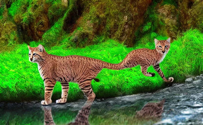 Image similar to wild cats in a clear water stream in a mossy fantasty forest, professional digital art, 4k ultra