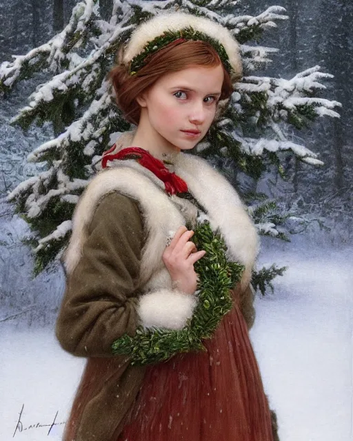 Image similar to a well - lit, realistic portrait painting of a thoughtful girl resembling a young, shy, redheaded alicia vikander or millie bobby brown wearing a christmas wreath in her hair and peasant dress in a deep snow - covered forest at dusk, highly detailed, intricate, concept art, artstation, by donato giancola, ron cobb, and william bouguereau