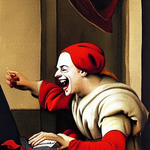 Prompt: classical traditional painting of a jester laughing at a computer monitor, jester screaming laughing almost at the verge of tears he's so happy, classic masters oil painting