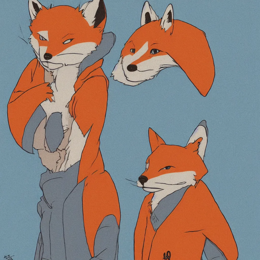Prompt: an anthropomorphic fox wearing a hoodie by hayao miyazaki