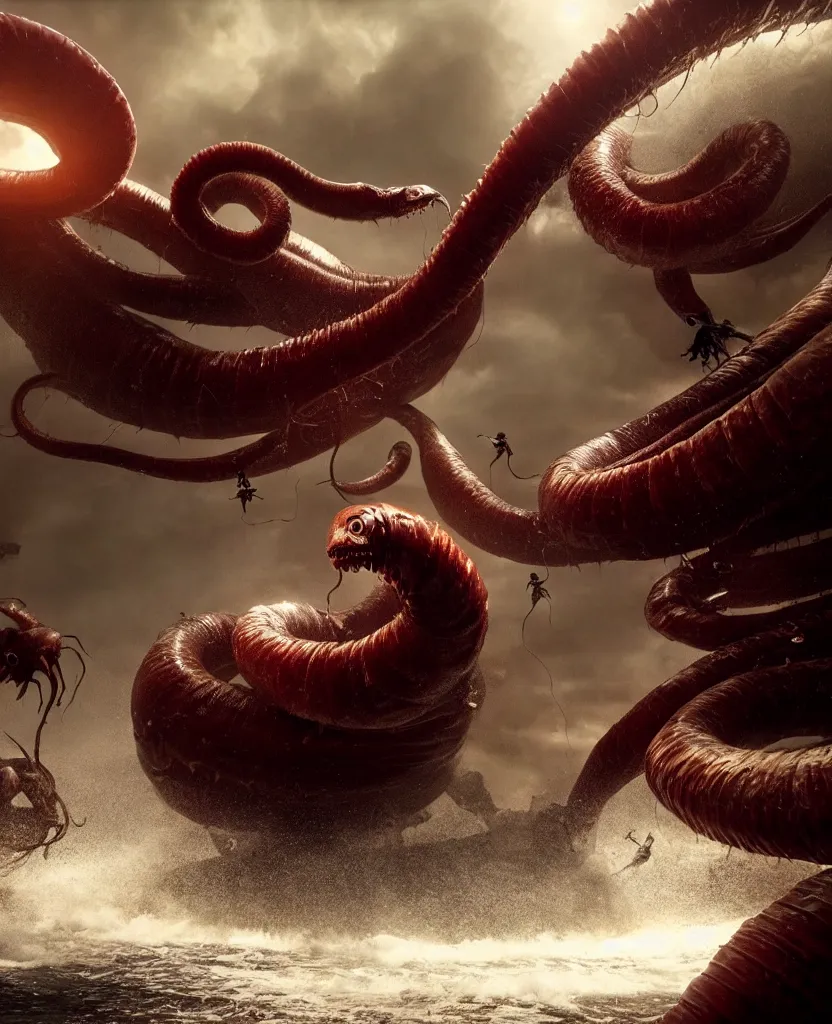 Image similar to pirates fighting giant screaming worm, cinematic atmosphere, maximized, high detail, 8k, ornate, dark fantasy, masterpiece, complex, film still from the movie directed by Denis Villeneuve