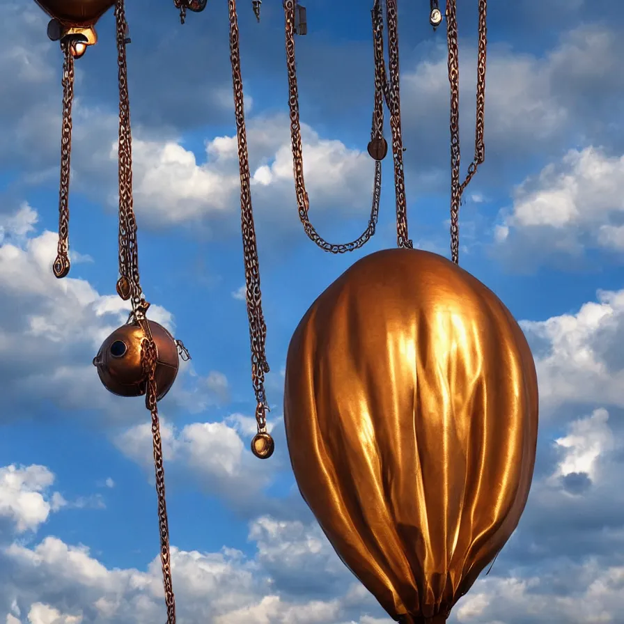 Image similar to beautiful steampunk blimps high in the sky, copper chains hanging from the edges, golden hour, steam clouds, clouds, valves, award winning photography, highly detailed, low poly, extremely wide angle