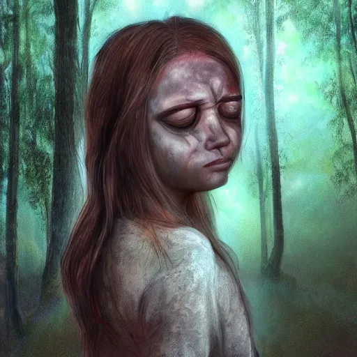 Image similar to a crying girl in the woods, sci - fi, detailed portrait, 3 d