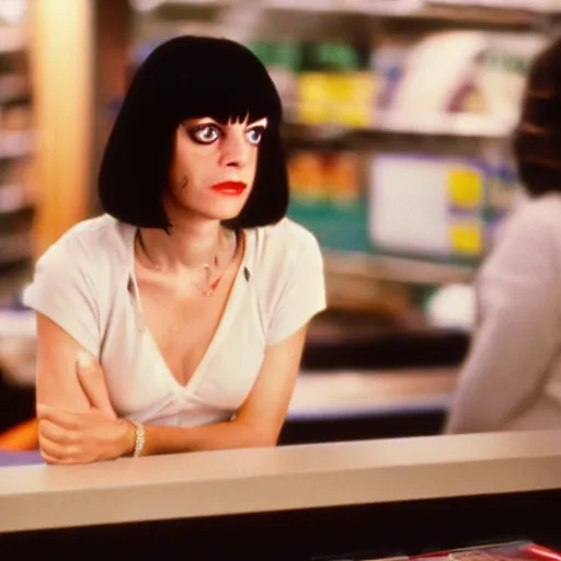 Image similar to mia wallace from pulp fiction, sitting at a checkout counter, cinestill colour, anamorphic