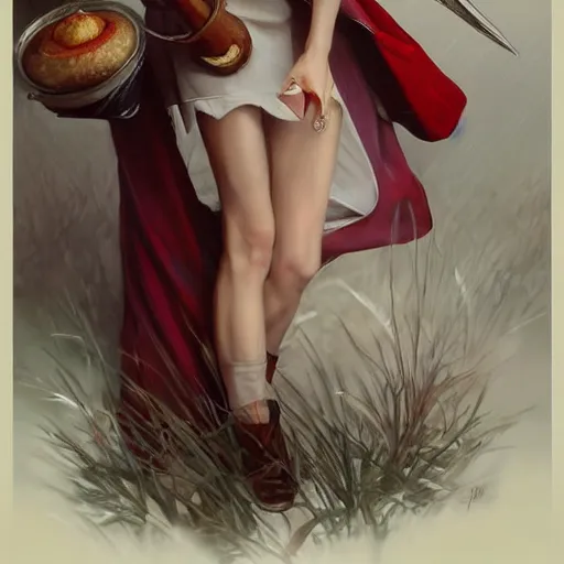 Prompt: elf woman standing in rain, short blonde hair, red and white chef's apron, sharp focus, intricate, smooth, ultra realistic digital art, elegant, by artgerm, greg rutkowski, raymond swanland, alphonse mucha