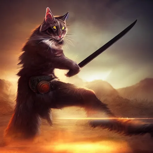 Image similar to a warrior cat holding a long sword in a combat stance, 3 d rendered, 3 d rendering, dramatic lighting, unreal engine, digital painting, concept art, smooth, sharp focus, illustration, 8 k resolution, trending on art station, cinema 4 d, behance hd