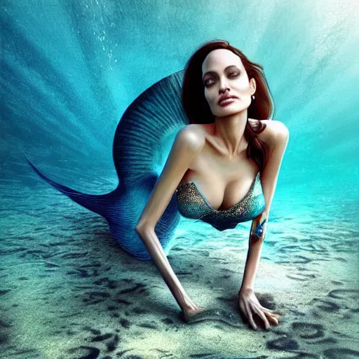 Prompt: “Angelina Jolie, beautiful mermaid, underwater, unreal engine, octane render, high resolution, floating textures, liquid wax, elegant, full body CGsociety, hypermaximalist, weta digital, ray trace, hyper detailed, Sorayama”