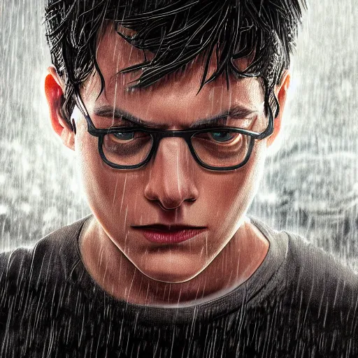 Image similar to Peter Parker , wet face , heavy rain ,dramatic, intricate, highly detailed, concept art, smooth, sharp focus, illustration, Unreal Engine 5, 8K